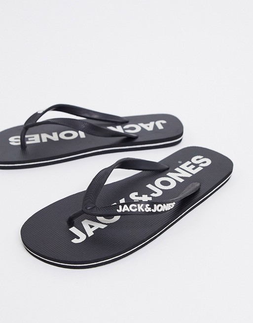 Jack & Jones flip flops with logo sole in black