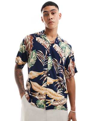 Jack & Jones Floral Shirt With Camp Collar In Navy