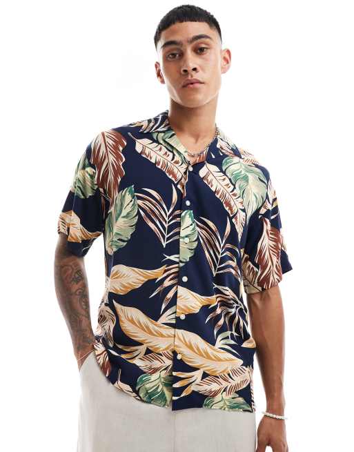 Jack & Jones floral shirt with revere collar in navy | ASOS