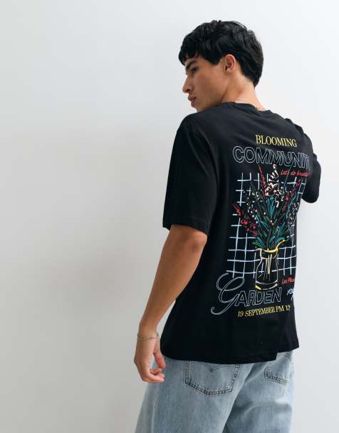 Jack & Jones flower sketch back print t-shirt in black - view 1