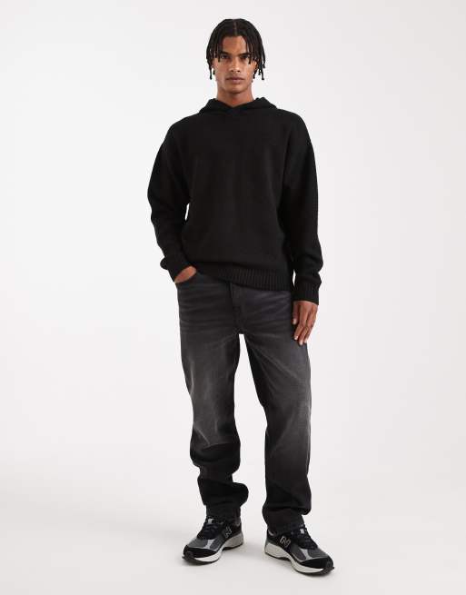 Jack & Jones fluffy knit hoodie in black