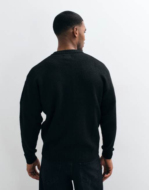 Jack & Jones fluffy knitted crew neck cardigan in black, 2 of 5