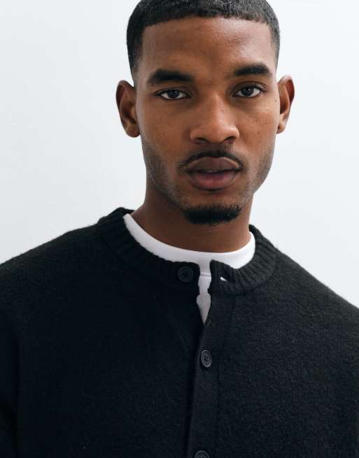 Jack & Jones fluffy knitted crew neck cardigan in black, 3 of 5