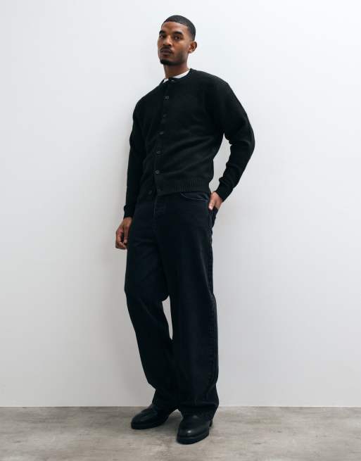 Jack & Jones fluffy knitted crew neck cardigan in black, 4 of 5