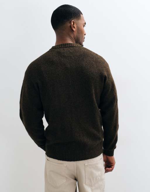 Jack & Jones fluffy knitted crew neck cardigan in brown, 2 of 5