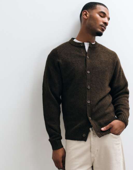 Jack & Jones fluffy knitted crew neck cardigan in brown, 4 of 5