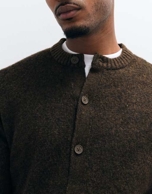 Jack & Jones fluffy knitted crew neck cardigan in brown, 5 of 5