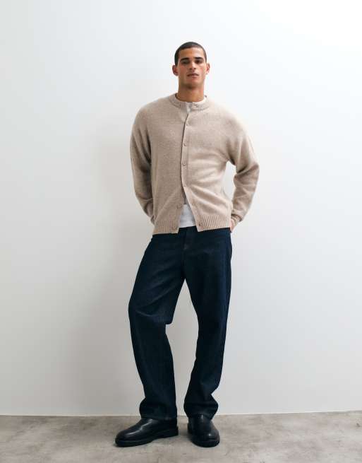 Jack & Jones fluffy knitted crew neck cardigan in cream, 2 of 5