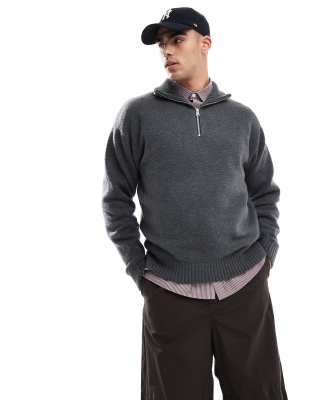 Jack & Jones Jack & Jones fluffy knitted half zip in dark grey
