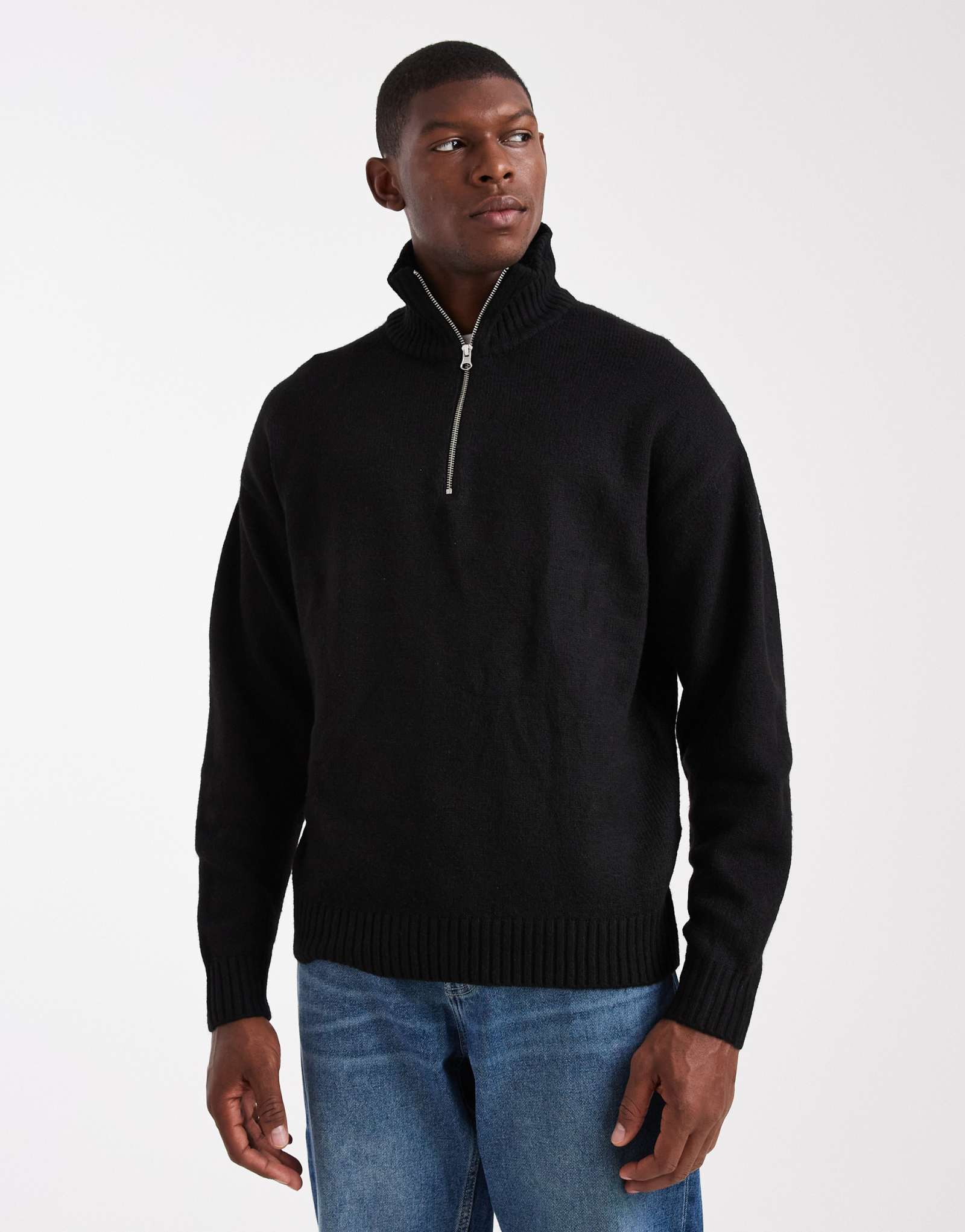 Черный пушистый свитер Jack &Jones с застежкой-молнией на четверть дюйма
