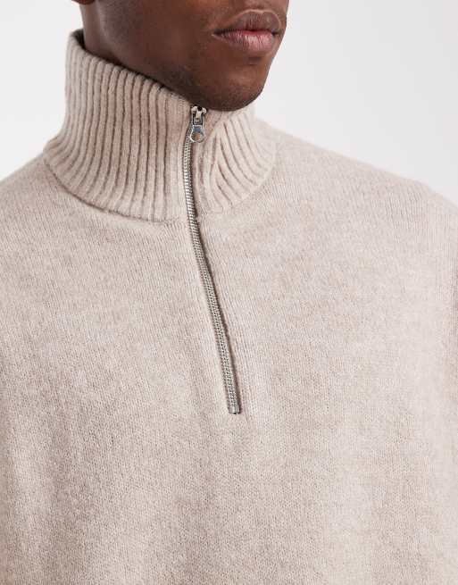 Jack & Jones fluffy quarter zip sweater in gray