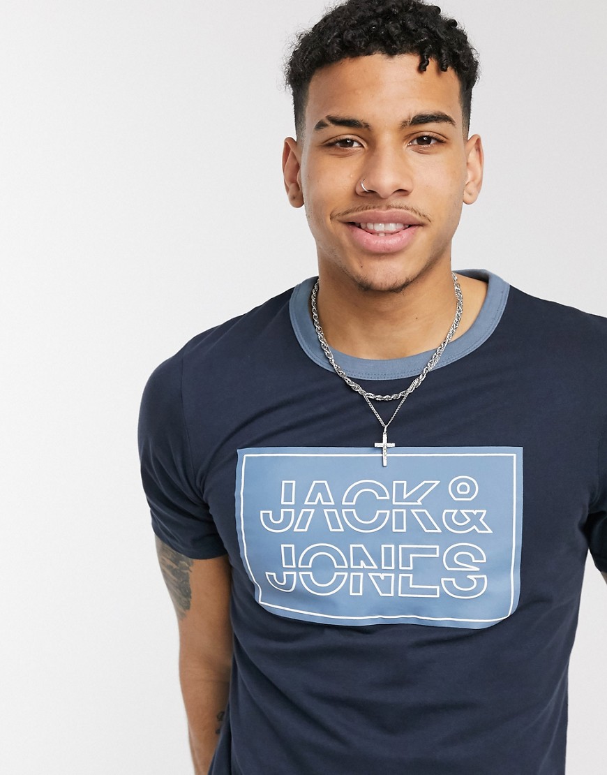 Jack & Jones framed branded t-shirt-Navy