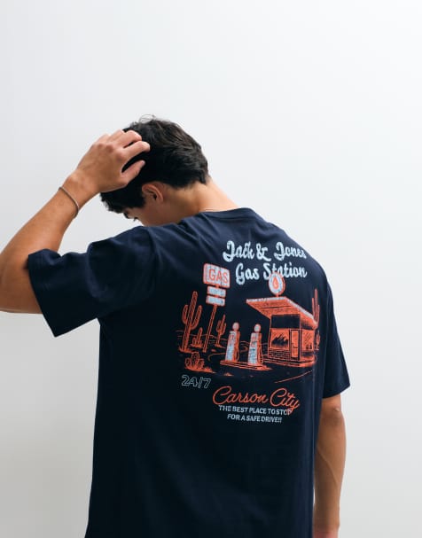 Jack & Jones gas station backprint t-shirt in navy - view 1