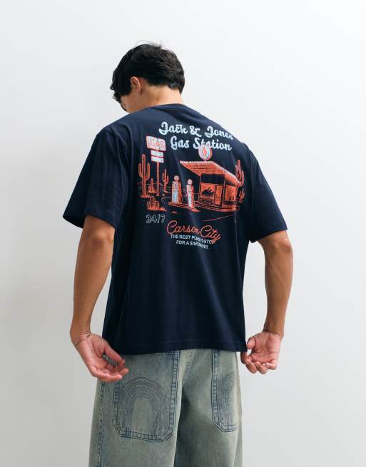 Jack & Jones gas station backprint t-shirt in navy, 2 of 5