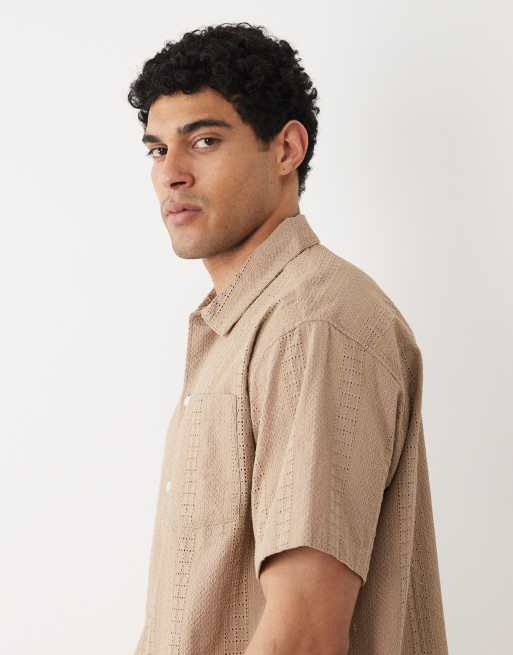 Jack & Jones - Geborduurd overhemd met korte mouwen in beige, 3 van 5