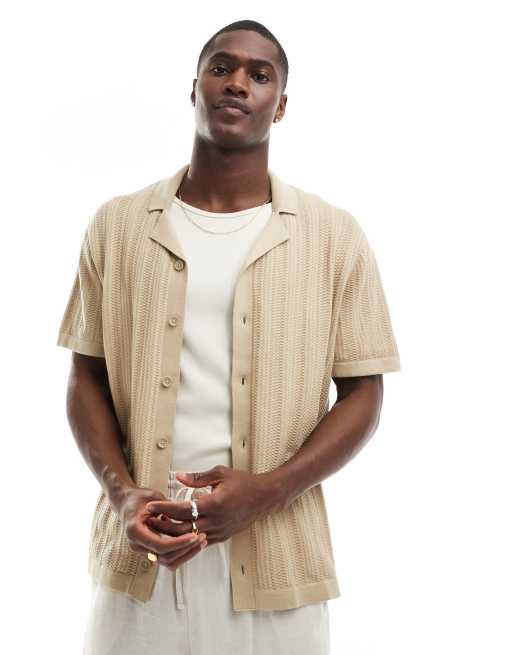 Jack & Jones - Gebreid overhemd met reverskraag in beige 