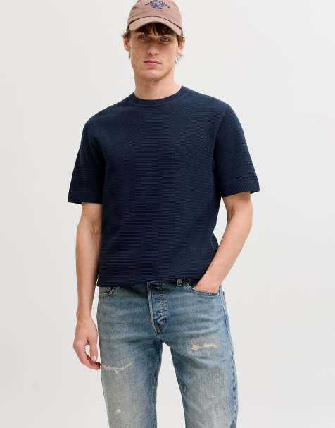 Jack & Jones - Gebreid T-shirt in marineblauw - view 1