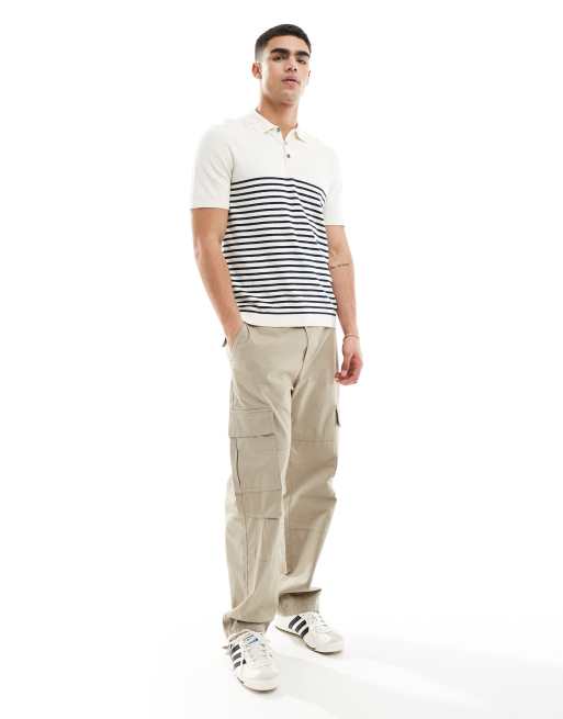 Jack & Jones - Gebreide gestreepte polo in wit en marineblauw