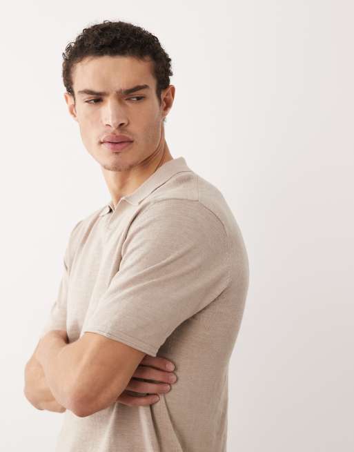 Jack & Jones - Gebreide polo met open kraag in beige, 4 van 5