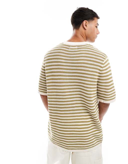 Jack & Jones - Gehaakt gestreept T-shirt in beige en groen, 2 van 4