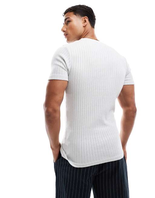 Jack & Jones - Geribbeld muscle fit T-shirt in lichtgrijs, 3 van 4