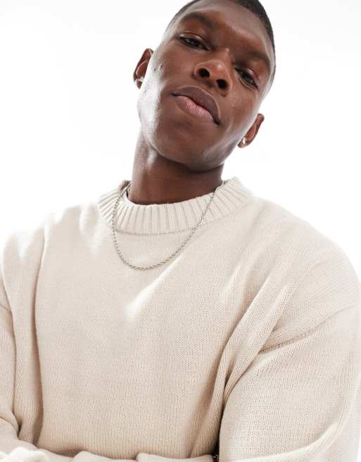 Jack & Jones – Gerippter Oversize-Pullover aus Grobstrick in Cremeweiß mit Rundhalsausschnitt, 3 von 4