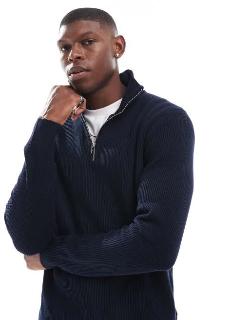 Jack & Jones – Gerippter Pullover aus Grobstrick in Marineblau mit kurzem Reißverschluss , 2 von 4