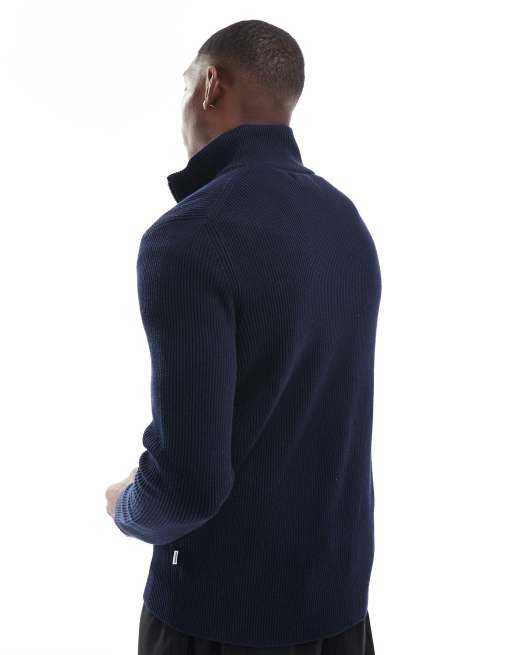 Jack & Jones – Gerippter Pullover aus Grobstrick in Marineblau mit kurzem Reißverschluss , 4 von 4