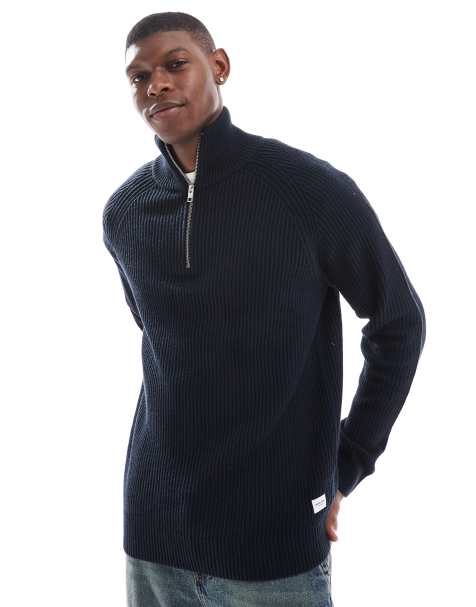 Jack & Jones – Gerippter Pullover in Marineblau mit Patent-Rippenmuster und kurzem Reißverschluss - view 1