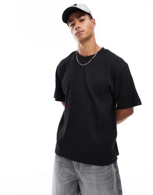 Geripptes Oversize-T-Shirt in Schwarz Schwarz S