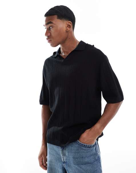 Jack & Jones – Geripptes Polohemd in Schwarz mit offenem Ausschnitt - view 1
