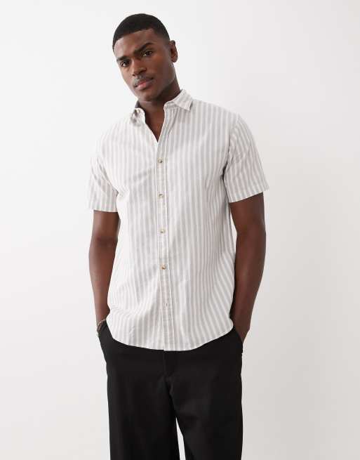 Jack & Jones - Gestreept Oxford overhemd met korte mouwen in beige, 2 van 5
