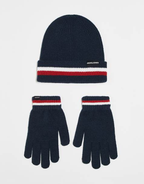 Jack & Jones - Gestreepte beanie en handschoen cadeauset in marineblauw - view 1