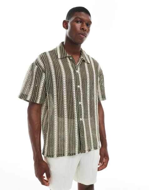 Jack & Jones – Gestreiftes Hemd aus Häkelstrick in Khaki - view 1