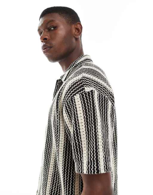 Jack & Jones – Gestreiftes Hemd aus Häkelstrick in Schwarz, 3 von 5