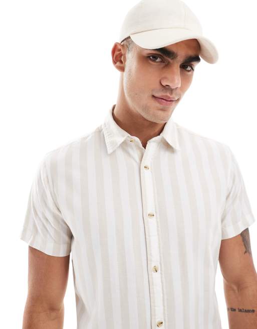 Jack & Jones – Gestreiftes, kurzärmliges Oxford-Hemd in Beige