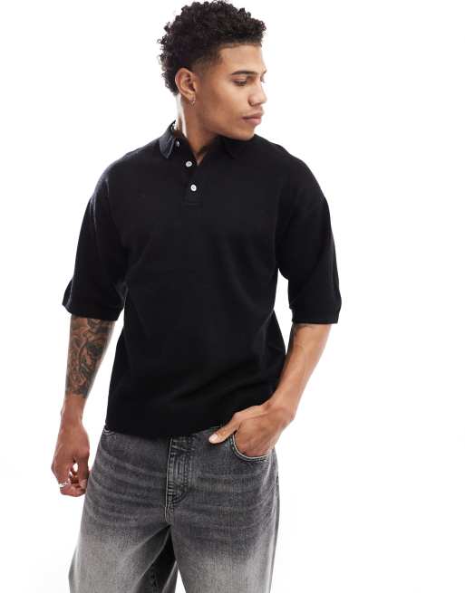 Jack & Jones – Gestricktes Oversize-Polohemd in Schwarz 
