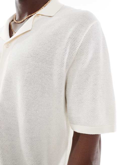 Jack & Jones – Gestricktes Oversize-Polohemd in Weiß mit Knopfleiste, 3 von 4