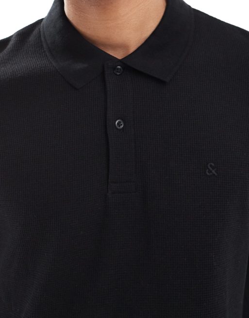 Jack & Jones - Getextureerde polo met lange mouwen in zwart, 4 van 5