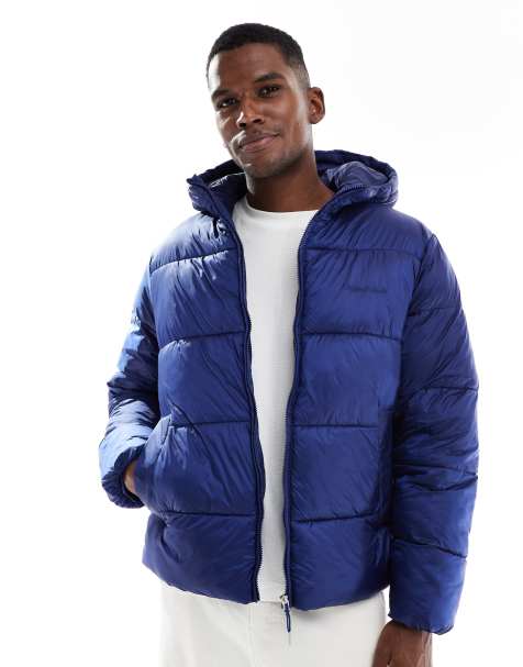 Jack & Jones - Gewatteerd jack met capuchon en glanzend oppervlak in blauw - view 1