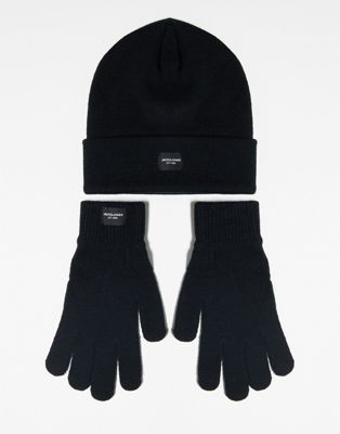 Jack & Jones giftbox hat & glove set in black