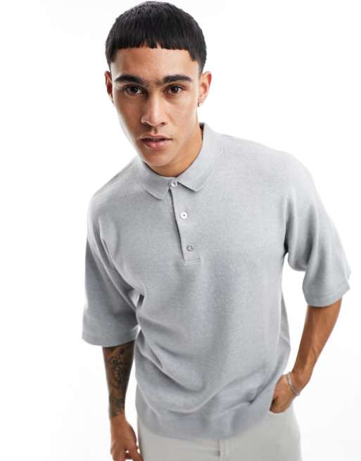 Jack & Jones – Grå, stickad pikétröja i oversize
