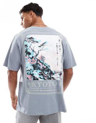 Jack & Jones – Grå t-shirt i oversize med Kyoto-tryck - view 1