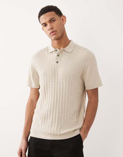 Jack & Jones – Gräddvit, kabelstickad pikétröja med korta ärmar - view 1