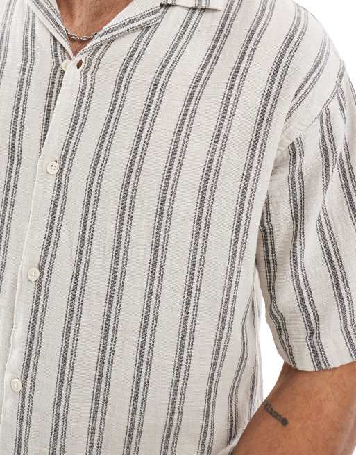 Jack & Jones – Gräddvit, randig skjorta med struktur, korta ärmar och platt krage, 2 av 4