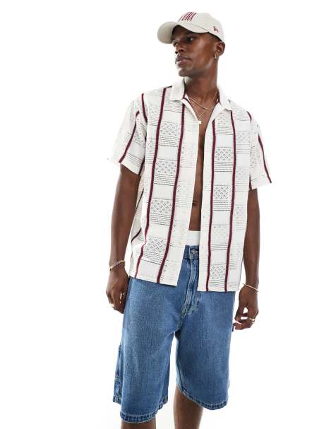 Jack & Jones – Gräddvit, virkad skjorta med vinröda ränder - view 1