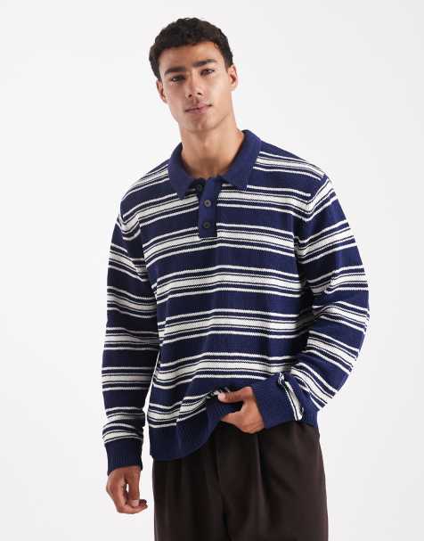 Jack & Jones knitted stripe polo in navy blue