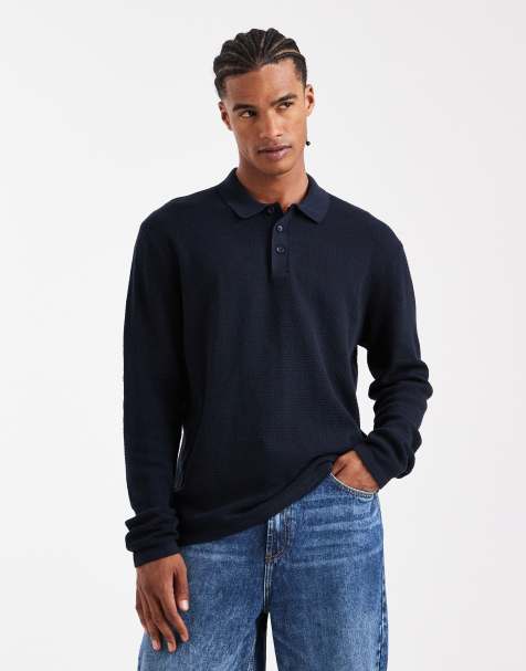 Jack & Jones knitted long sleeve polo in navy