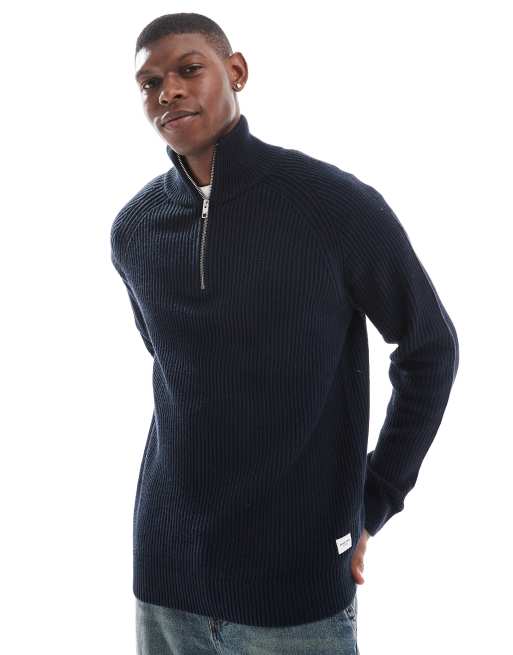 Jack & Jones – Granatowy prążkowany sweter o splocie angielskim z suwakiem pod szyją 