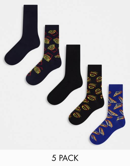 Jack & Jones – Granatowy zestaw 5 par skarpetek z nadrukiem fast foodu 